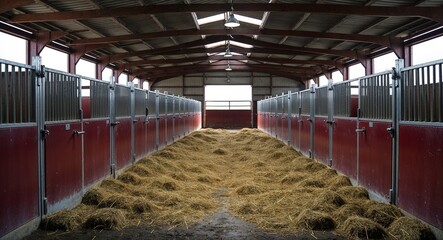 Horse stable with empty stalls and hay scattered on the floor