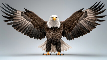 Obraz premium Bald eagle with outstretched wings against a neutral background, showcasing detailed feather textures and intense gaze