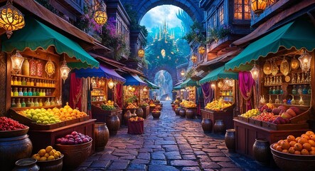 Fototapeta premium Magical marketplace bustling with colorful stalls selling potions enchanted artifacts and exotic fruits