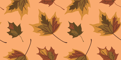 Obraz premium autumn leaves seamless pattern,maple leaves on beige background vector illustration,template for banner,textile,wrapping paper,print,decoration
