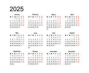 simple black and white calendar week starts on Monday weekends are marked in red for 2025