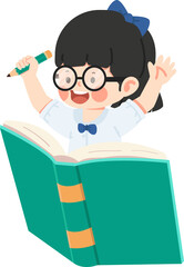 Happy Kid girl student sitting on a book