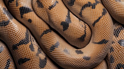 Close-up view of the patterned scales of a coiled snake with brown and black colors, showing detailed texture