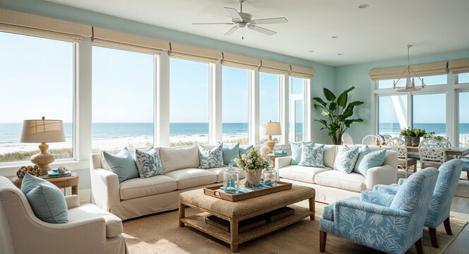 Modern coastal living room with light colors beach inspired decor and large windows