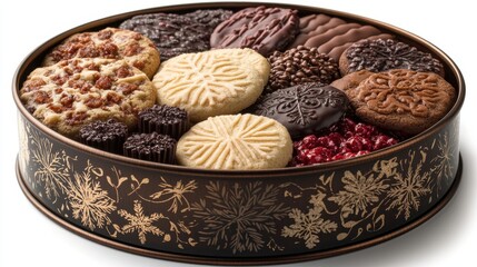 A small decorative tin filled with assorted holiday cookies, isolated on white background. 