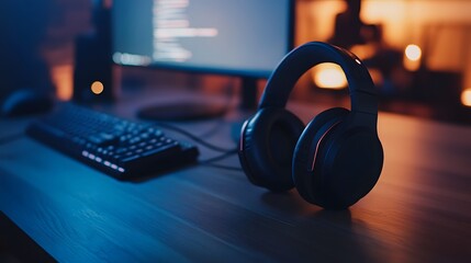 a black headset resting on a desk, with soft, warm lighting in the background. The workspace includes a keyboard and hints of a computer screen, suggesting a modern, tech-focused environment.