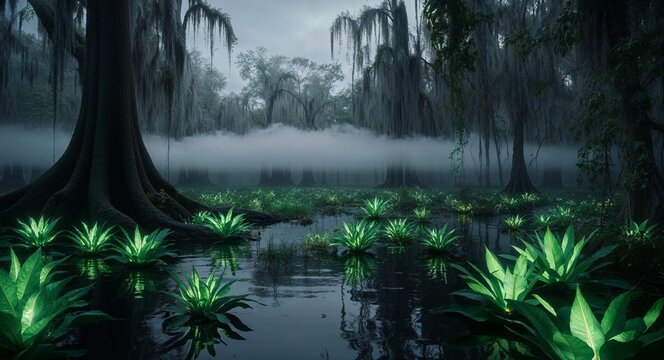Mysterious swamp filled with bioluminescent plants and fog rolling over the water surface