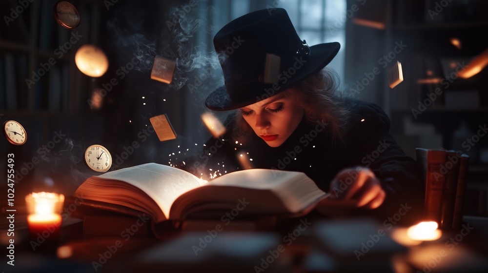 Poster a mysterious figure explores ancient wisdom in an enchanting library filled with floating books and 