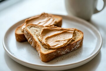Toast slices spread with creamy peanut butter on a plate, accompanied by a mug.
