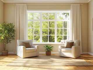 elegant beige living room showcasing a harmonious blend of two comfy armchairs and a sleek sofa, bathed in natural light from a panoramic window, creating a warm, inviting atmosphere