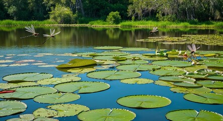 Peaceful lagoon with lily pads floating on the surface and dragonflies flitting about