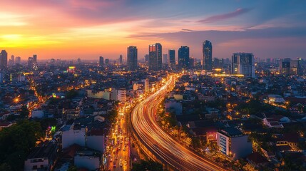 Fototapeta premium City skyline at dusk with vibrant clouds and light trails from busy traffic in a bustling urban area