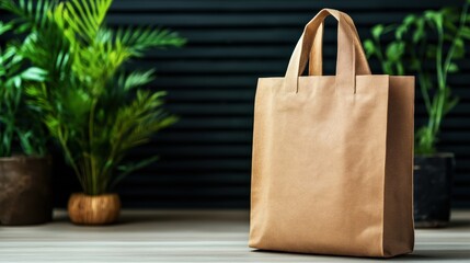 Eco-friendly brown reusable shopping bag with handles on wooden surface, surrounded by green potted plants and black background.