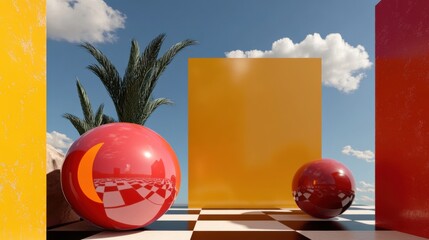 Vibrant 3d geometric scene with spheres and palm under blue skies for modern art design