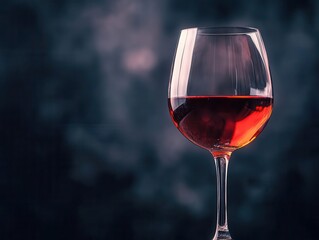 elegant glass of red wine against a dark, moody background, highlighting the rich color and texture of the wine, creating an inviting and sophisticated atmosphere
