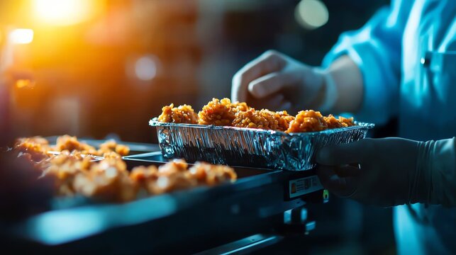 Cooked chicken pieces in a tray being handled in a commercial kitchen.