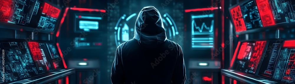 Poster hooded hacker surrounded by holographic screens displaying cybercrime and data breach signals