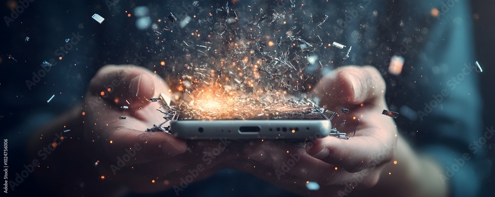 Poster shattered smartphone with floating digital data representing a mobile security breach