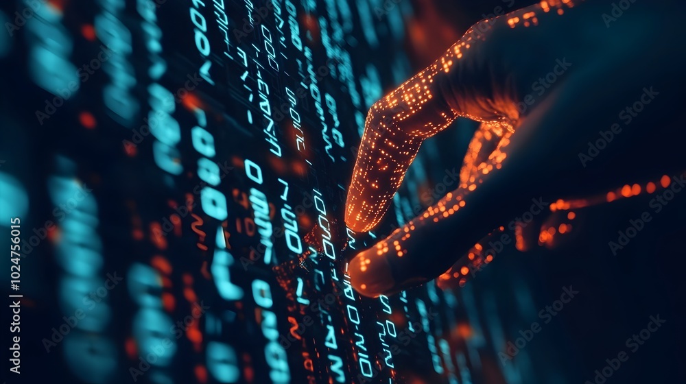 Poster cybercriminal s glowing binary breach extracting sensitive information