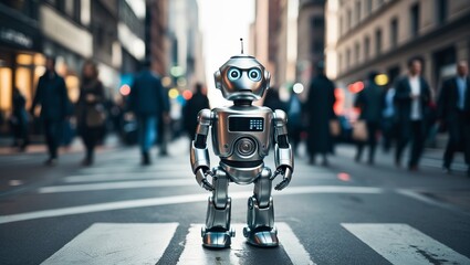 Fototapeta premium a confused metallic robot standing in street