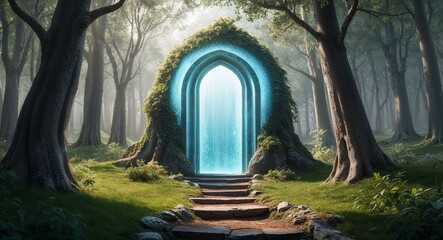 Fototapeta premium Shimmering portal set within a grove of trees leading to another realm