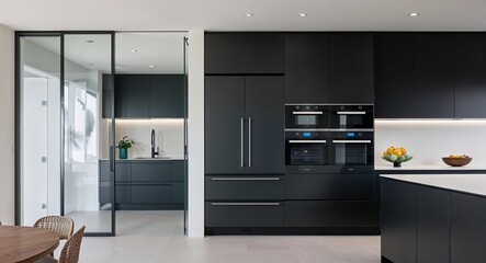 Sleek modern kitchen with glass doors a minimalist design and high end appliances