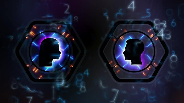 Swirling Numbers around Man and Woman Head Icons with Computer Circuits Animation