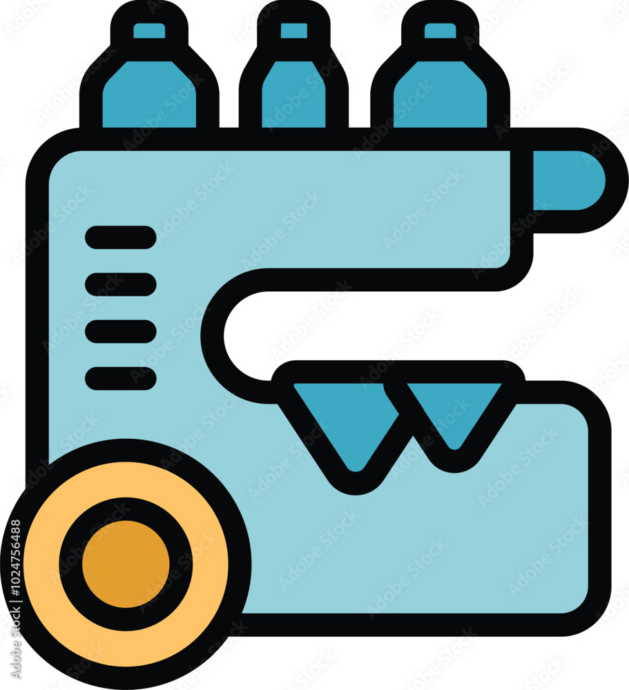 Poster textile factory machine with three bottles icon, outline style
