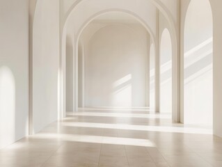 Fototapeta premium empty classical design white wall, paired with light-colored floors, creating a spacious, elegant mock-up environment, ideal for showcasing art or photography in a sophisticated setting