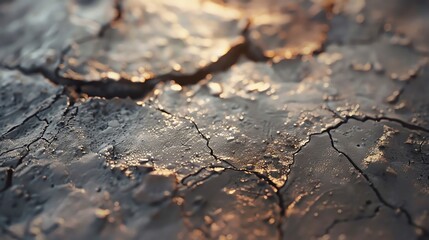 A close up of cracked earth with warm light reflecting off it.