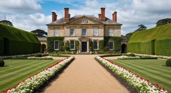 Stately manor with manicured gardens pathways lined with flowers
