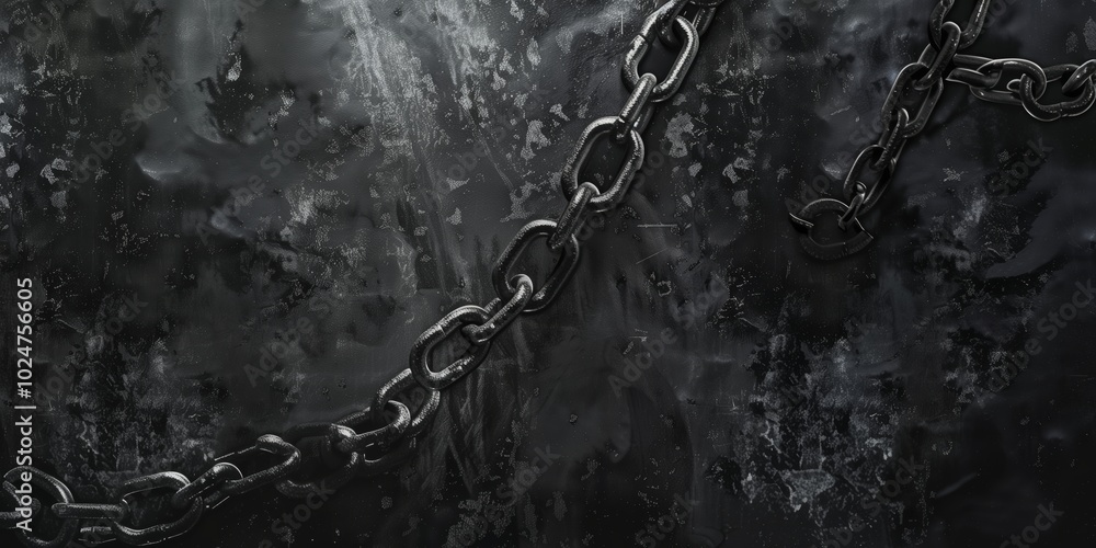 Poster abstract background with chains and dark textured background in black and grey tones, deep space eff