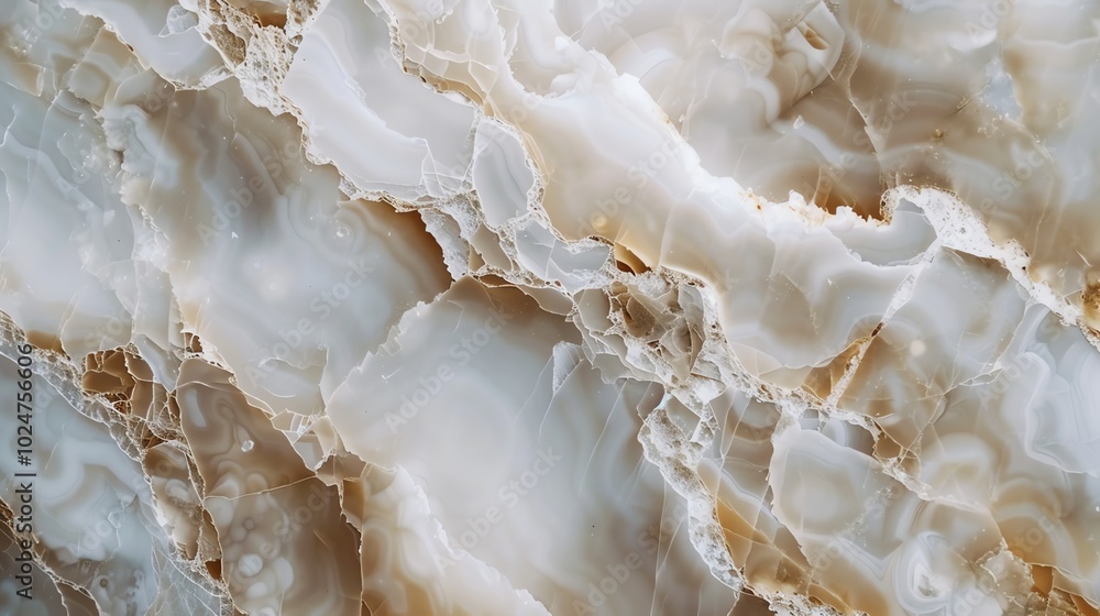 Poster a close-up image of a polished slab of marble with swirling patterns of brown and white.