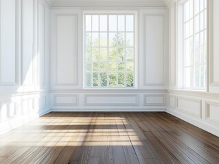 Fototapeta premium empty white room featuring white walls and wooden floors, enhanced by a large window, offering a blank canvas for creativity and design, ideal for showcasing products or concepts