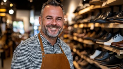 Smiling shopkeeper in apron at shoe store for retail and branding designs