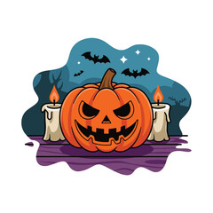 Halloween pumpkin with candles and bats Night scene Cartoon style Vector illustration