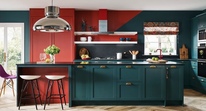 Stylish kitchen with a contemporary design bold colors and decorative accents