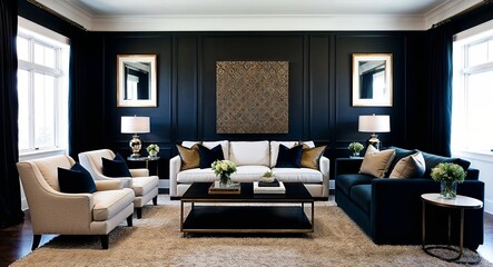Stylish living room with dark accents a statement wall and plush seating arrangements