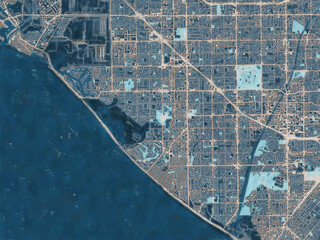 Painterly Style City Map of Huntington Beach California, USA in a Blue Color Scheme.