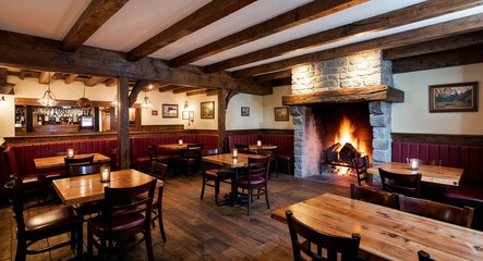 Tavern interior with wooden beams a roaring fire and empty tables waiting for patrons