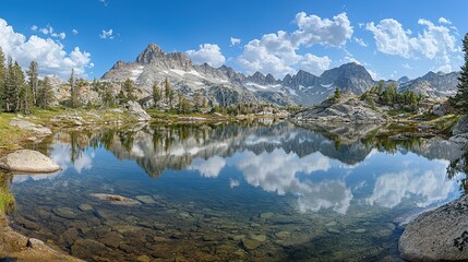 Breathtaking mountain landscape reflecting in calm lake surrounded by pine trees under a blue sky filled with white clouds