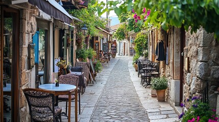 Obraz premium Charming cobblestone street in a quaint village adorned with vibrant flowers and outdoor dining options during a sunny day