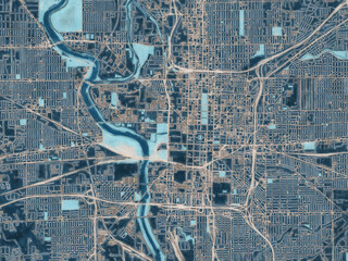 Painterly Style City Map of Indianapolis Center Indiana, USA in a Blue Color Scheme.