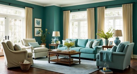 Fototapeta premium Tranquil living room with soothing colors comfortable seating and a relaxing atmosphere