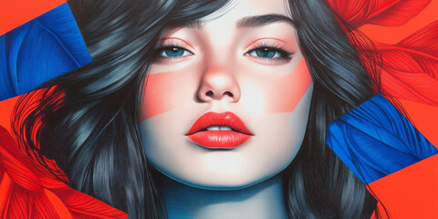 Vibrant portrait of a woman with striking features against a bold red and blue background