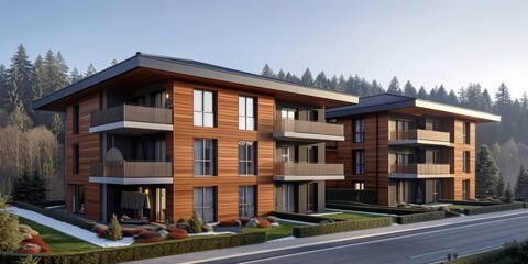 Fototapeta premium Stylish wooden apartment buildings with balconies set against a serene forest backdrop, blending modern architecture with natural beauty and tranquility