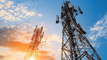 Colorful sunset over cell phone towers for telecommunication infrastructure design