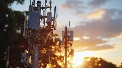Cellular towers at sunset for telecommunication and technology design