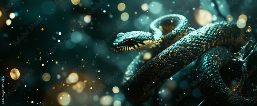 Poster a green snake coiled on a branch in a mystical forest with sparkling lights at dusk, showcasing vibr