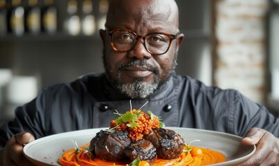 Close-up Chef. Dish Meat served by a waiter in a restaurant. Emotional chef with a dish from the restaurant